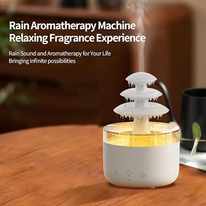 Cloud Rain Humidifier & Essential Oil Diffuser with 7-Color LED Mood Lights, White Noise Rain Sounds & Waterless Auto Shut-Off – Quiet Ultrasonic Aroma Therapy for Bedroom, Nursery, Office(500ml)