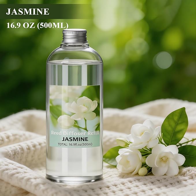 STRN Reed Diffuser Refill, Jasmine Scent Diffuser 500ml | 16.9 oz with 6 Reed Sticks, Room Fresheners for Home, Long-Lasting Fragrance for Living Room, Bedroom, Office, Home Décor