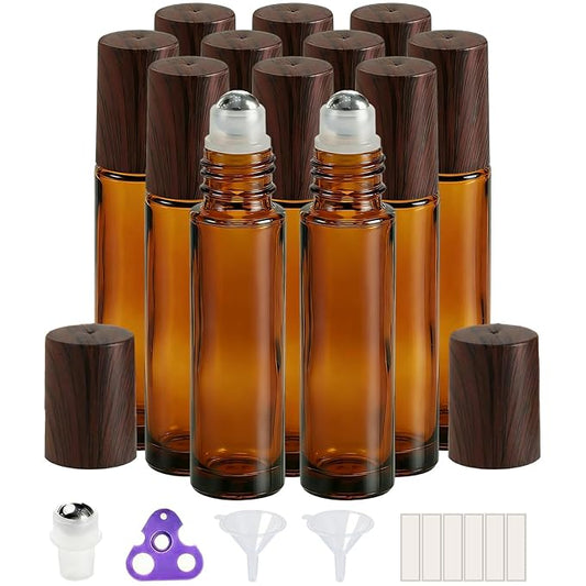 PrettyCare 12 Pack, 10 ml Essential Oil Roller Bottles with Stainless Steel Roller Ball - Refillable Leak-proof Empty Thick Amber Glass Roll on Bottles with Wooden Caps for Travel, Perfume