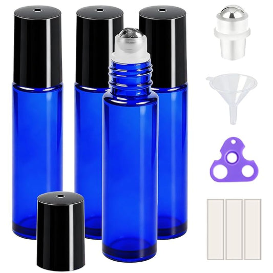 PrettyCare 10 ml 4 Pack Essential Oil Roller Bottles with Stainless Steel Roller Ball - Refillable Leak-proof Empty Thick Blue Glass Roll on Bottles with Black Caps for Travel, Perfume