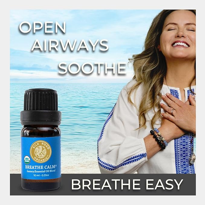 Silk Road Organic Breathe Calm Essential Oil Breathe Easy Blend for Cold, Cough, Congestion, Sinus & Allergy Relief – USDA Certified Aromatherapy undiluted 10 ml Dropper