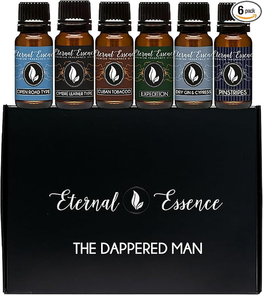 Eternal Essence Oils Dappered Man/Gentlemen Set of 6 Premium Fragrance Oils - Includes Cuban Tobacco, Dry Gin & Cypress, Expedition, Ombré Leather Type, Open Road Type, Pinstripes Scented Oils - 10ML