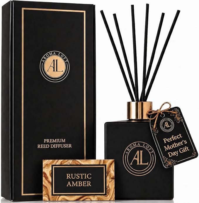 Reed Diffuser - Fragrance Diffuser for Home - 5 oz. Oil Diffuser Sticks - Bathroom Diffuser Set- Oil Diffuser Reeds - Scent Sticks in Oil-Office Smell Good Stuff (Black, Rustic Amber)