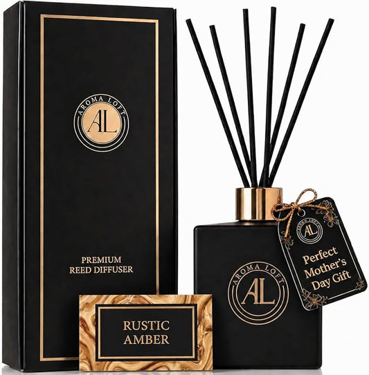 Reed Diffuser - Fragrance Diffuser for Home - 5 oz. Oil Diffuser Sticks - Bathroom Diffuser Set- Oil Diffuser Reeds - Scent Sticks in Oil-Office Smell Good Stuff (Black, Rustic Amber)