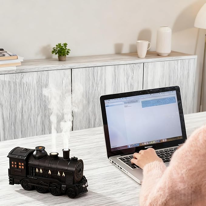 Train Diffuser, Train-Shaped Essential Oil Diffuser, Cool Mist Humidifier, Dual-Color LED Night Light, 300ml Capacity with Dual Mist Modes, Home Decor with 2-8Hour Timer (Black)