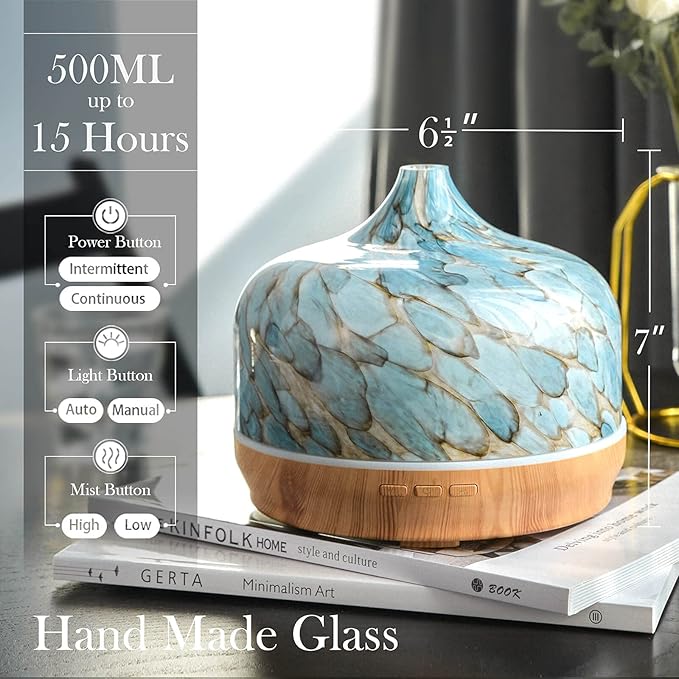 Porseme 500ml Blue Giant+100ml Volcano Essential Oil Diffuser 3D Glass Aromatherapy Ultrasonic Humidifier Cool Mist, Auto Shut-Off,Timer Setting,BPA Free for Home Office Hotel Yoga Gym Leisure Gift