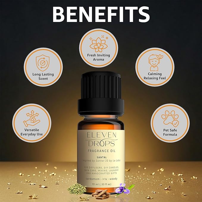 Santal Fragrance Oil | Cardamom, Iris & Woody Notes | Long Lasting Scent Reed Diffuser Oil for Home, Office, Hotel, Spa, Car & Linen Spray | Pet Friendly IFRA Compliant, 10 ml