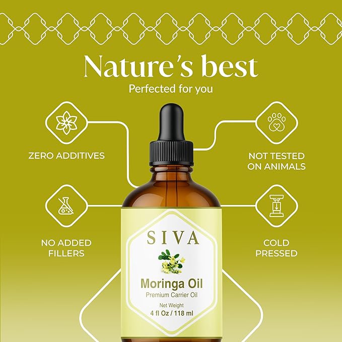 Siva Moringa Carrier Oil 4oz (118 ml) Premium Cold-Pressed 100% Natural Carrier Oil with Dropper for Skin Care, Hair Care, Scalp Massage & Body Massage