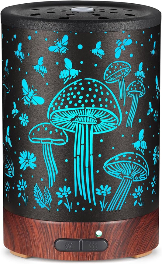 Essential Oil Diffuser- Aromatherapy Diffuser with7 Colors Light and Auto-Off for Women Metal Cool Mist Humidifier for Home and Office for Mom Women（Mushroom + Bee）