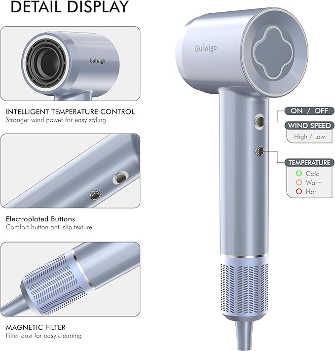 Hair Dryer, Guiwigo High Speed Professional Ionic Hair Dryers with Diffuser,Nozzle,Wall Mount, 3 in 1,Fast Drying,Low Noise,200 Million Negative Ions,Hair Dryers for Women,Men,Kids,Pets,Gift