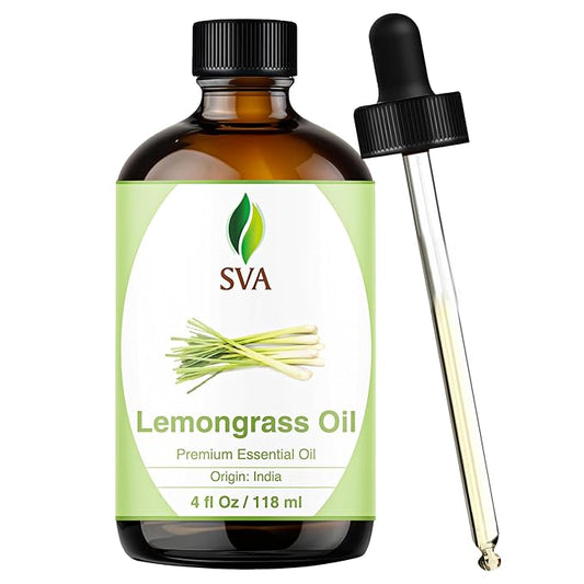 SVA Lemongrass Essential Oil – 4 Fl Oz – 100% Natural Lemongrass Oil - for Diffuser, Hair Care, Face, Skin Care, Aromatherapy, Scalp and Body Massage, Soap and Candle Making - with Dropper