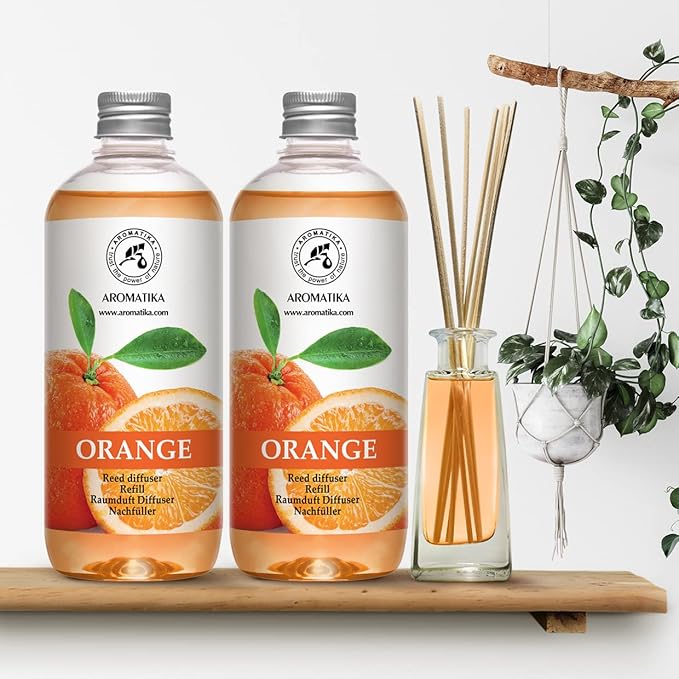 Orange Room Diffuser Refill Set 2*17 Fl Oz - Room Fragrance Diffuser with Natural Essential Orange Oil - Best for Aromatherapy - Spa - Home - Kitchen - Bath - Office - Fintess - Restaurant - Boutique
