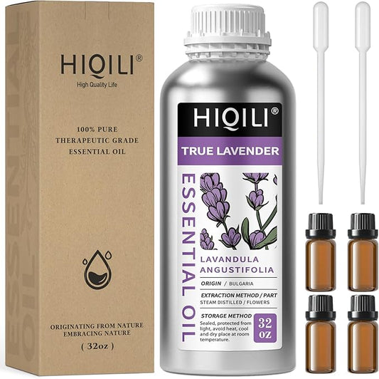 HIQILI Lavender Essential Oil Large Capacity, 100% Natural for Aromatherapy, DIY Candle & Soap Making, Skin Moisturizing. Suitable for Hotels, DIY Studios, Spas and Hair Salons - 1000ml/32 fl oz