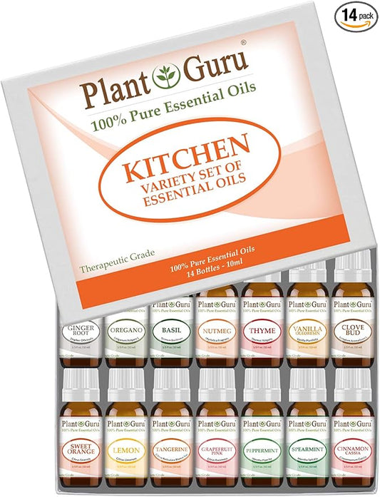 Kitchen Essential Oil Set 14-10 ml. 100% Pure Therapeutic Grade Includes Ginger, Oregano, Basil, Nutmeg, Thyme, Vanilla, Clove, Orange, Lemon, Tangerine, Grapefruit, Peppermint, Spearmint, Cinnamon