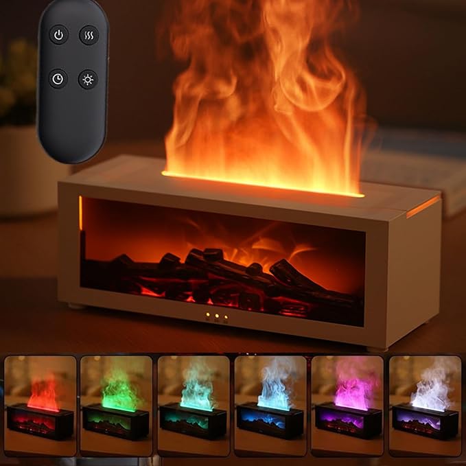 Fireplace Oil Diffuser, Mini Fireplace Diffuser, Flame Fireplace Aromatherapy Diffuser, Flame Aroma Humidifier Diffuser with Remote, Timer and Auto-Off for Home Room Office (White)