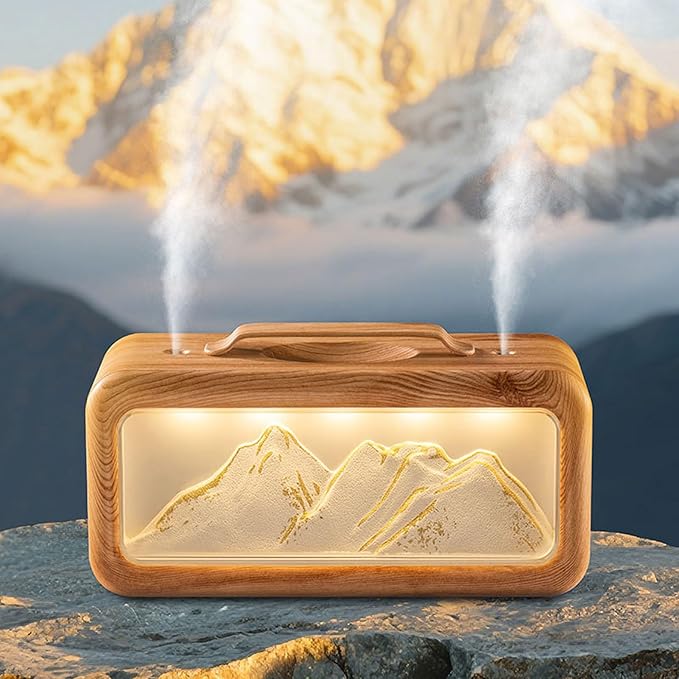 600ml Essential Oil Diffuser, Dual Spray Mountain Aromatherapy Diffuser Cool Mist Humidifier with Light, Essential Oil Scent for Home Bedroom (Dark Wood Grain)