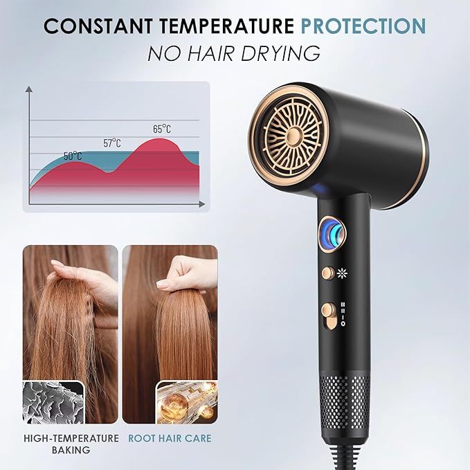 Hair Dryer, Professional Ionic Hair Dryer, Powerful 2200W Fast Drying Low Noise Blow Dryer with 2 Concentrator Nozzle 1 Diffuser Attachments for Women and Men (Black)