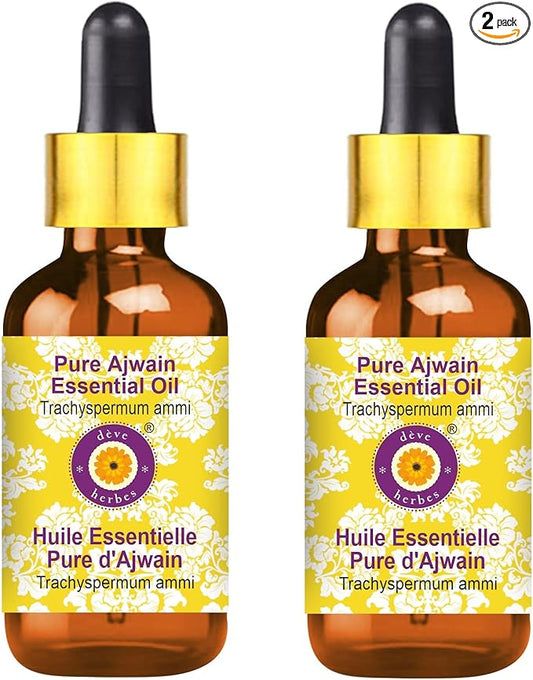 Deve Herbes Pure Ajwain Essential Oil (Trachyspermum ammi) with Glass Dropper Steam Distilled (Pack of Two) 100ml X 2 (6.76 oz)