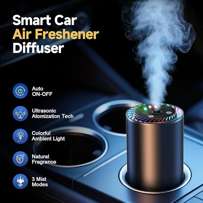 Smart Car Air Freshener with Star Light & 200ml Diffusers Oil Refills, Auto On/Off Aroma Diffuser, 3 Adjustable Mist Modes Rechargeable - Car Diffuser（Cologne+Ocean+New Car Smell+Mahogany Teakwood）