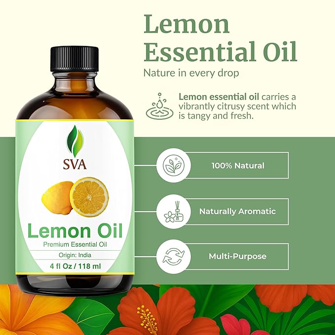SVA Lemon Essential Oil – 4 Fl Oz – 100% Natural Lemon Oil - for Diffuser, Hair Care, Face, Skin Care, Aromatherapy, Scalp and Body Massage, Soap and Candle Making – with Dropper