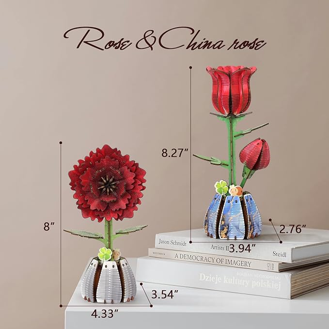 Jege 3D Flowers Wooden Puzzles for Adults, DIY Building Set with 2 Flowers, 2 Perfume Bottles & Diffuser Sticks, Creative Craft Gifts & Home Decor (Rose + China Rose)