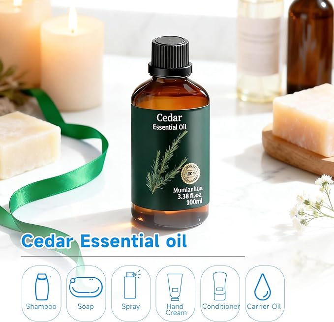 Cedarwood Essential Oil, Pure Cedarwood Oil Mumianhua Natural Woodland Aroma for Bedtime & Pillow Mist, Evening Relaxation, Diffuser Blends, Skin & Hair 3.38 Fl Oz