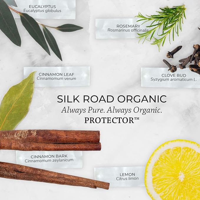 Silk Road Organic Protector Essential Oil Immunity Blend Roll On, Purifying Thieves Oil Formula, 100% Pure USDA Certified Clove Bud, Cinnamon Bark, Rosemary, Lemon, Eucalyptus - 10 ml Roller