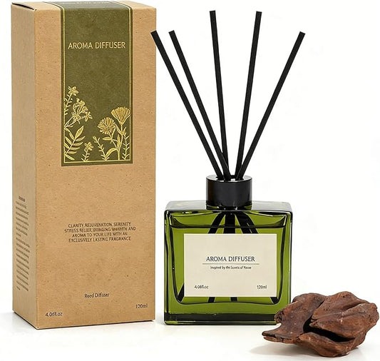 Reed Diffuser, 4 oz Earthy Sandalwood Scent Diffuser with 7 Sticks, Long Lasting Reed diffusers for Home, Elegant Fragrance for Bathroom Bedroom Office Decor, Air Fresh