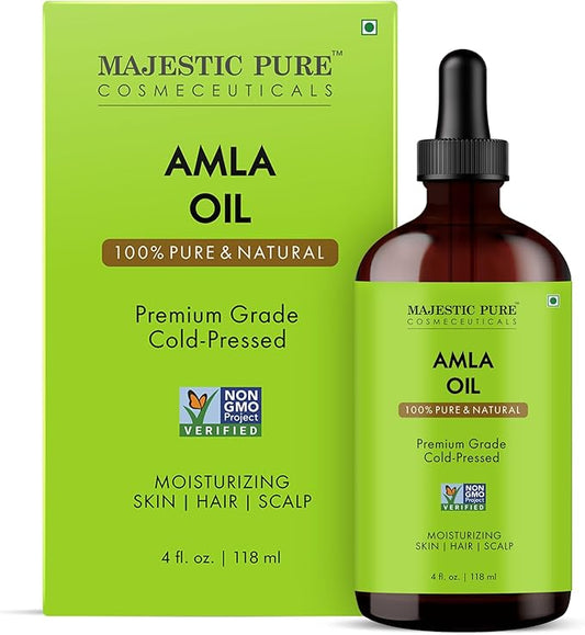 Majestic Pure Amla Oil 4oz (118ml) Premium Carrier Oil with Dropper for Hair Care, Hair Oiling, Scalp Massage, & Skin Care