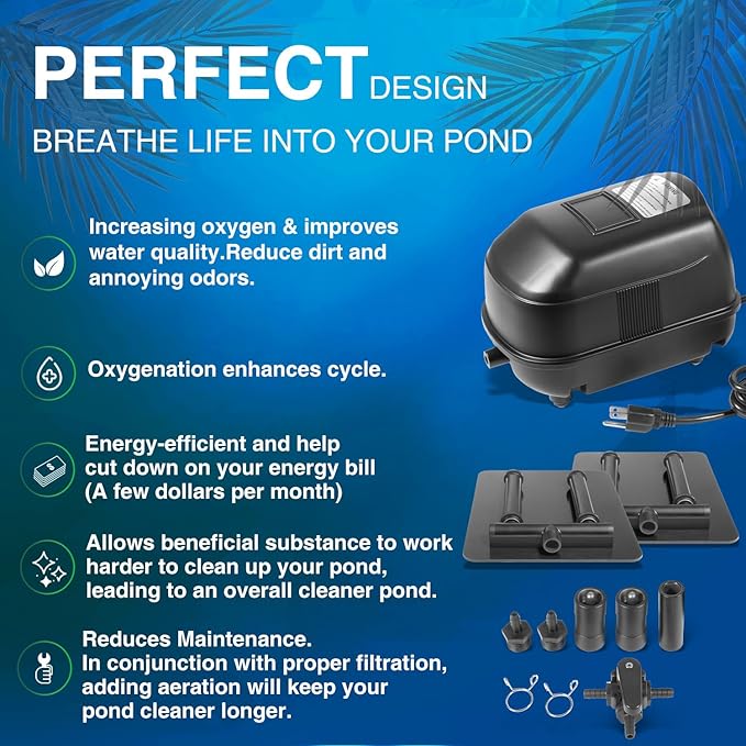 Complete Pond Aeration Kit, Water Garden Oxygenation Bubbler System Adds Oxygen to Koi & Fish Ponds, Outdoor Diaphragm Compressor Pump, Air Line & 2 Submersible Diffuser Sticks
