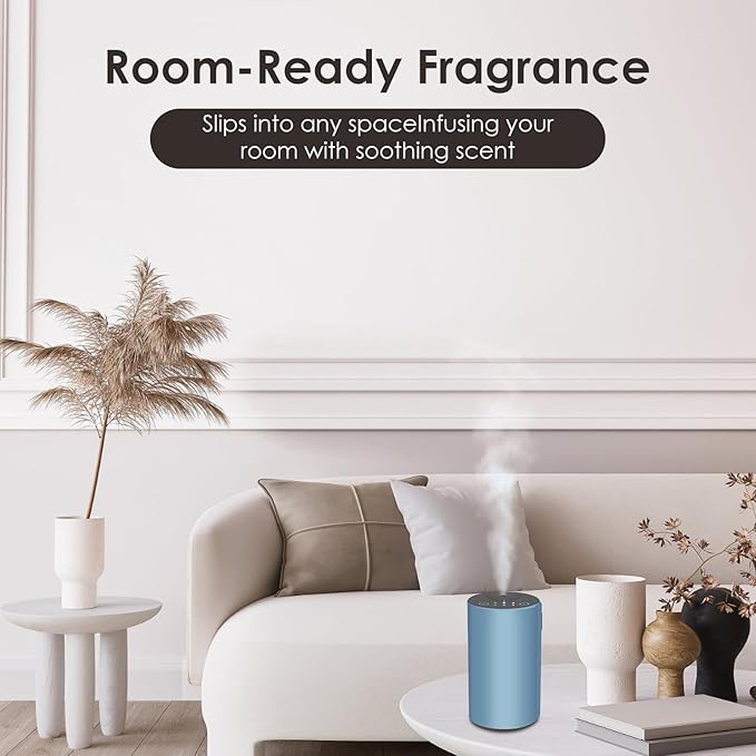 Waterless Essential Oil Diffuser, 7 Colors LED Light, Battery Powered Mini Scent Air Machine, Aromatherapy Mist Diffuser for Home Room Car Office，Black Aluminum Alloy (Blue)