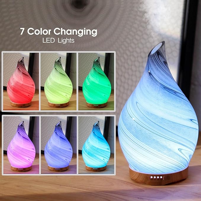 Porseme Essential Oil Diffuser Hand-Blown Glass Aroma Diffusor, Aromatherapy Unltrasonic Cool Mist deffuser, 7 Color Changing, Waterless Shut-Off, Timer Function for Home Office(280ml, Ink)