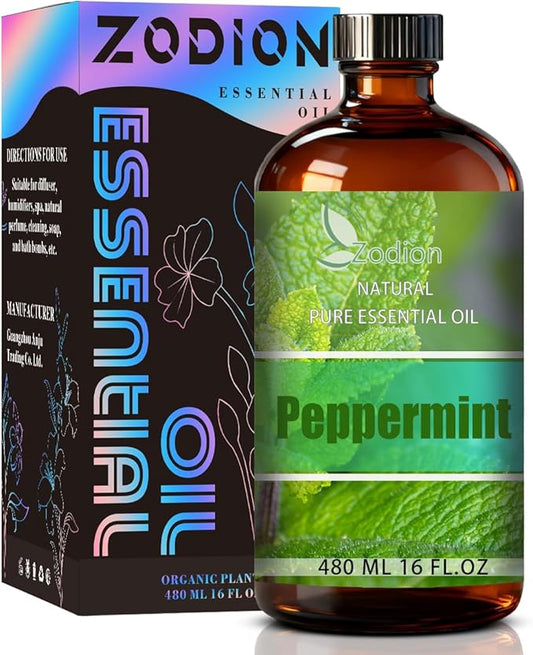 Peppermint Essential Oil, 16 fl oz (480ml) - ZODION Peppermint Fragrance Oil for Diffuser, Massage, Humidifier, DIY Candle, Soap Making, Home, Bath, Yoga