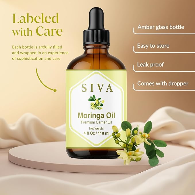 Siva Moringa Carrier Oil 4oz (118 ml) Premium Cold-Pressed 100% Natural Carrier Oil with Dropper for Skin Care, Hair Care, Scalp Massage & Body Massage