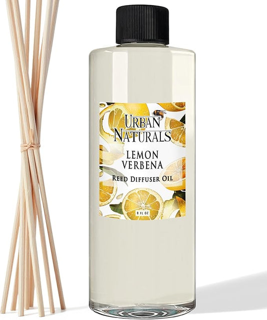 Urban Naturals Reed Diffuser Oil Refill Lemon Verbena with Lemon Zest, Bergamot, Vetiver, Cedarwood 8 oz + Free Reed Sticks, Made in the USA