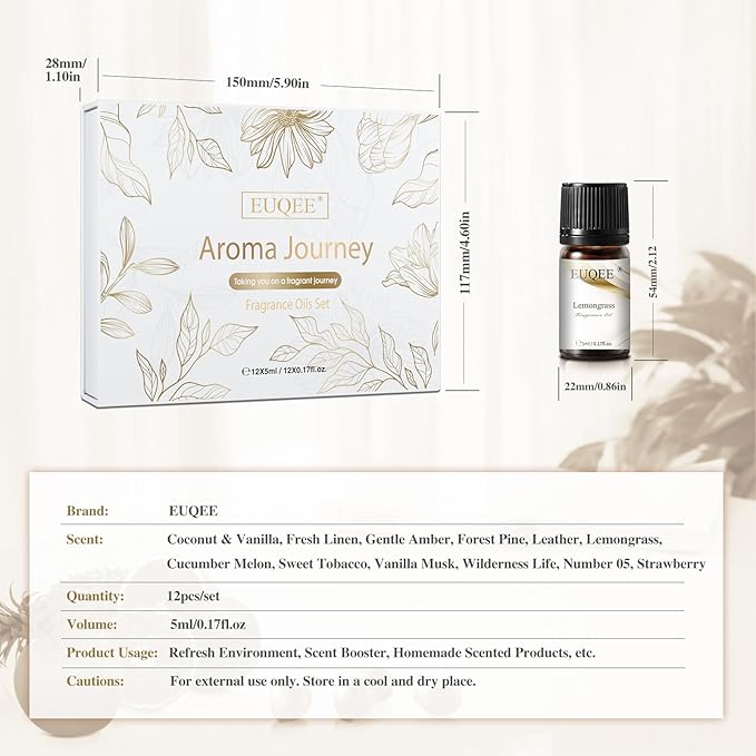 EUQEE 12 Pcs Fragrance Oils Set Premium Fragrance Oil for Diffuser, Humidifier, DIY Candle Making, Travel-Friendly, Room Freshener Aromatherapy Gifts for Women and Men(12x5ML)