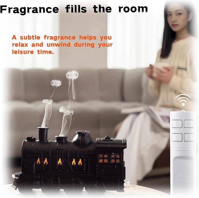 300ML Vintage Train Diffuser & Cool Mist Humidifier with Steam Effect, Remote Control, Dual Modes & Warm Blue LED Light (Gold, Without remote control)