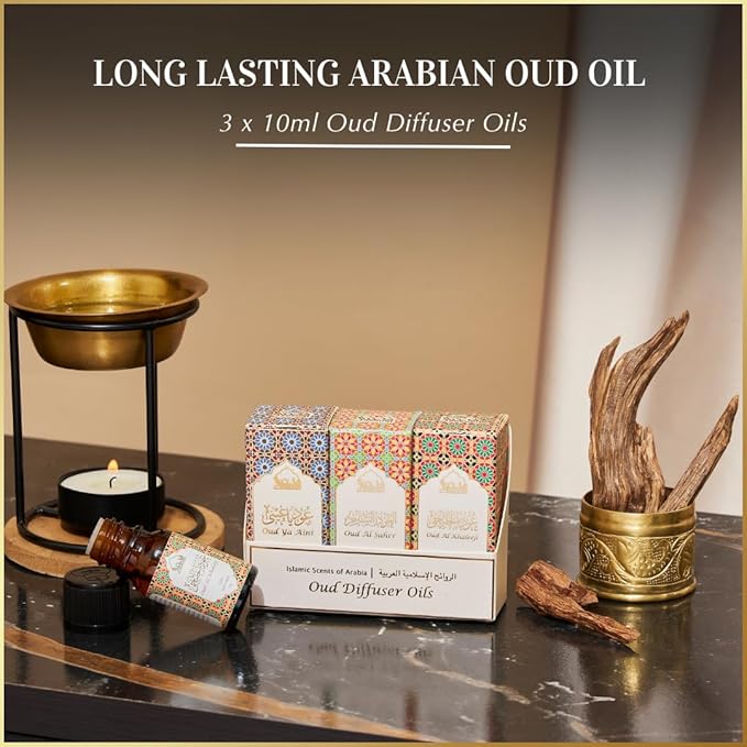 Arabic Oud Diffuser Oil Set, Essential Oils by Dukhni | 3 x 10ml Oudh Oil Gift Set for Diffuser & humidifier | 100% Pure Halal Oils | Relax with Home Aromatherapy, for Relaxation & Massage