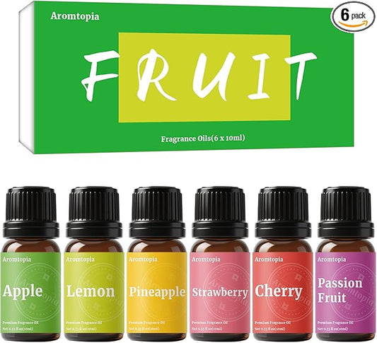 Fruit Fragrance Oils, Aromtopia 6x10ml Fruity Essential Oils for Diffusers for Home, Soap Candle Making Scents, Strawberry, Pineapple, Lemon, Cherry, Passion Fruit, Apple, Fragrance Oil Gift Set