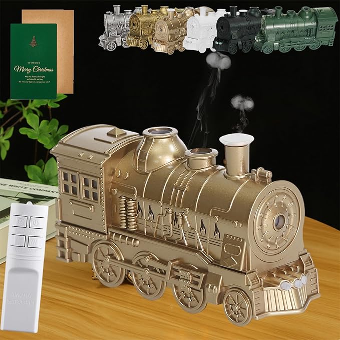 Essential Oil Train Diffuser, Vintage Steam Train Humidifier, Christmas Train Aroma Diffuser, Dual Mist Outlets Cool Mist Quiet Aromatherapy Diffuser with Remote Control, Auto-Off (Brass)
