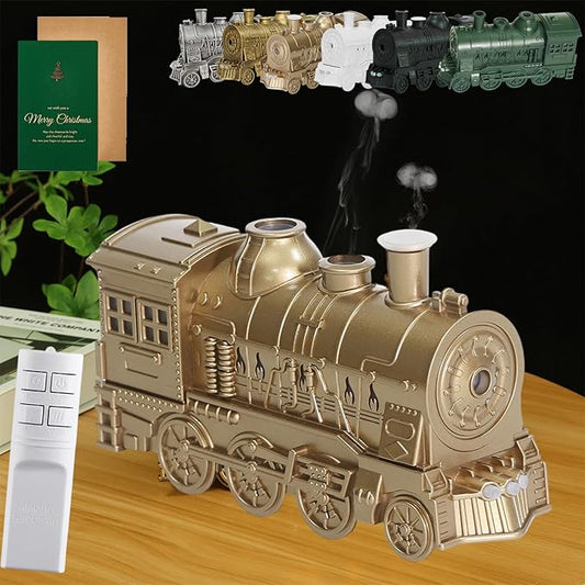 Essential Oil Train Diffuser, Vintage Steam Train Humidifier, Christmas Train Aroma Diffuser, Dual Mist Outlets Cool Mist Quiet Aromatherapy Diffuser with Remote Control, Auto-Off (Brass)