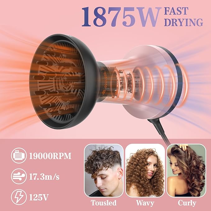 2 in 1 Hair Diffuser for Curly Hair with Ionic Technology, XL 1875W Hair Dryer with Diffuser & Comb Nozzle Attachment, 3×Faster, Enhances Curl Waves, Reduce Frizz, Gifts for Women Her