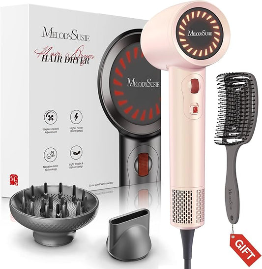 MelodySusie Hair Dryer with Diffuser,1600W Fast Drying Low Noise Ionic Hair Dryer for Curly Hair with Diffuser,Nozzle and Hair Brush,120,000 RPM Blow Dryer Ideal for Women,Light Pink