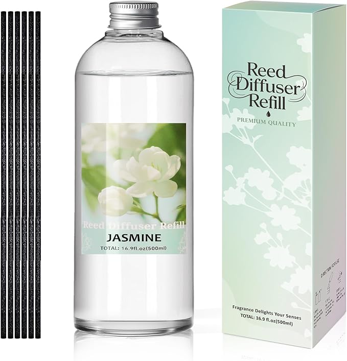 STRN Reed Diffuser Refill, Jasmine Scent Diffuser 500ml | 16.9 oz with 6 Reed Sticks, Room Fresheners for Home, Long-Lasting Fragrance for Living Room, Bedroom, Office, Home Décor