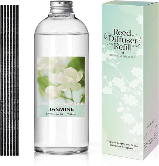 STRN Reed Diffuser Refill, Jasmine Scent Diffuser 500ml | 16.9 oz with 6 Reed Sticks, Room Fresheners for Home, Long-Lasting Fragrance for Living Room, Bedroom, Office, Home Décor