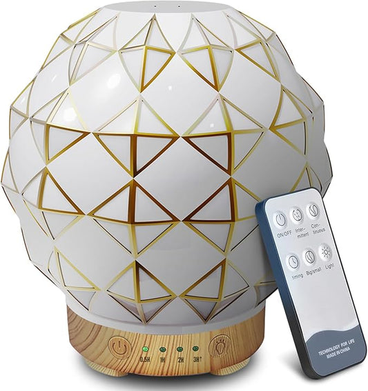 Essential Oil Diffuser, 100ML Handcrafted Glass Aromatherapy Diffuser with 7 Color LED Lights, Remote Control, Cool Mist Humidifier, Timed Mist, Auto Shut-Off (White)