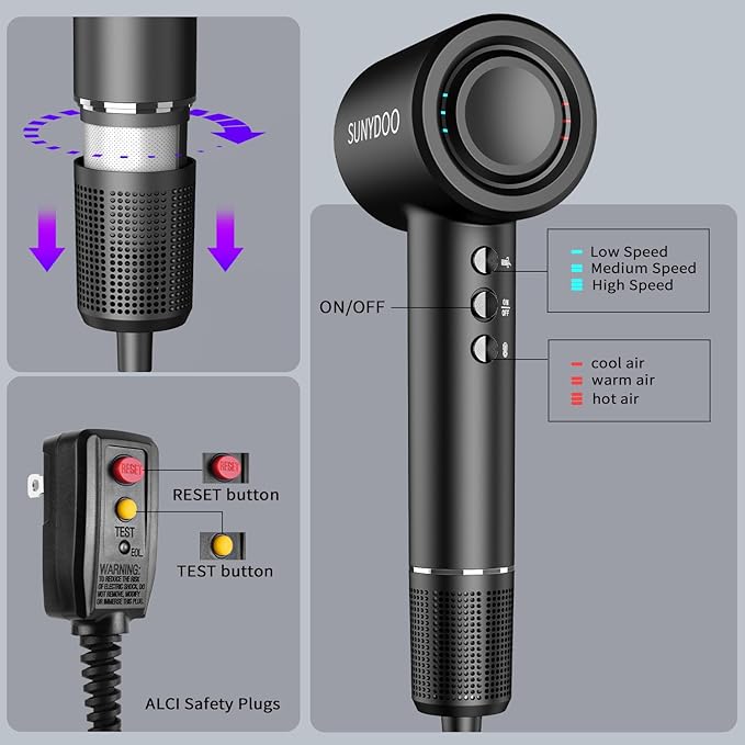 High Speed Brushless Hair Dryer with Thermo-Control, Diffuser, and Nozzle for Fast, Low-Noise Drying