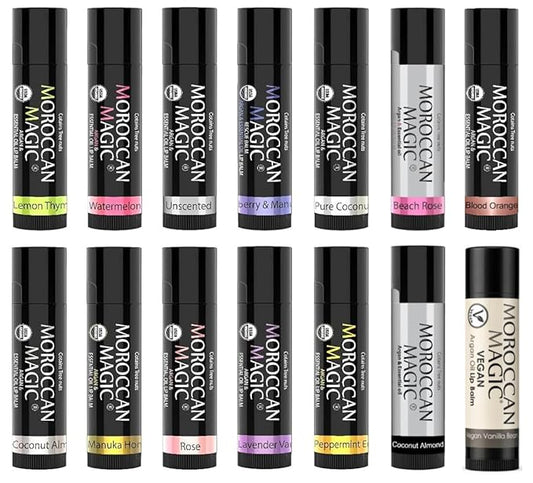Moroccan Magic Organic Lip Balm & SPF15: 14 Piece Variety Pack Gift Set | Organic Argan and Essential Oils | Smooth | Natural | Non-Toxic | Cruelty Free | chapstick bulk lip balm | 14 Pack
