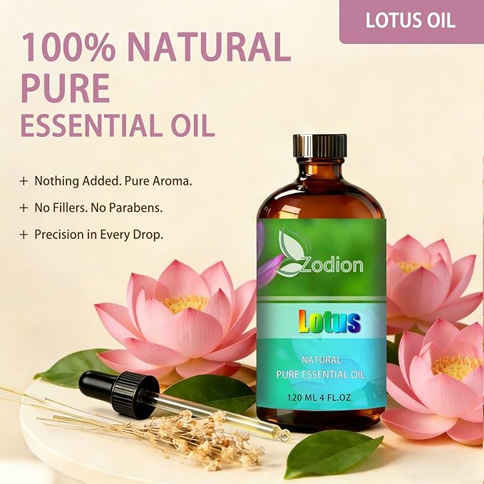 Lotus Essential Oil, 4 fl oz (120ml) - ZODION Lotus Fragrance Oil for Diffuser, Massage, Humidifier, DIY Candle, Soap Making, Home, Bath, Yoga