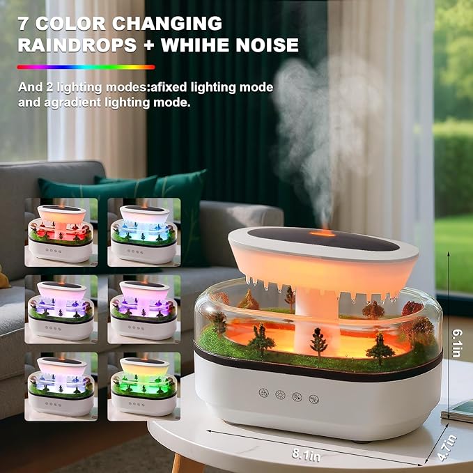 Cloud Rain Humidifier Water Drip, 7 Colors Rainfall Humidifier with Rain Sounds, 250ml Raindrop Essential Oil Aromatherapy Diffuser for Bedroom, Office, Silent Rain Lamp, Timing, Auto-Off